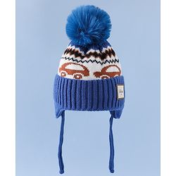 Babyhug Woollen Cap with Pom Pom & Knot with and Vehicle & Geometric Design Blue - Diameter 18.5 cm