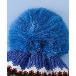 Babyhug Woollen Cap with Pom Pom & Knot with and Vehicle & Geometric Design Blue - Diameter 18.5 cm
