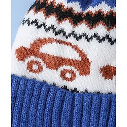 Babyhug Woollen Cap with Pom Pom & Knot with and Vehicle & Geometric Design Blue - Diameter 18.5 cm