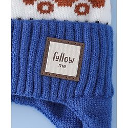Babyhug Woollen Cap with Pom Pom & Knot with and Vehicle & Geometric Design Blue - Diameter 18.5 cm