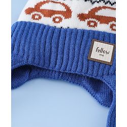 Babyhug Woollen Cap with Pom Pom & Knot with and Vehicle & Geometric Design Blue - Diameter 18.5 cm