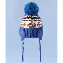 Babyhug Woollen Cap with Pom Pom & Knot with and Vehicle & Geometric Design Blue - Diameter 18.5 cm