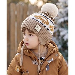 Babyhug Woollen Cap with Pom Pom & Knot with and Vehicle & Geometric Design Blue - Diameter 18.5 cm