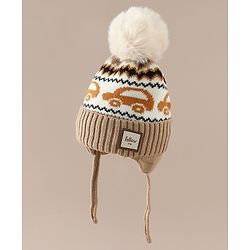 Babyhug Woollen Cap with Pom Pom & Knot with and Vehicle & Geometric Design Blue - Diameter 18.5 cm