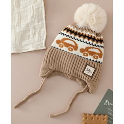 Babyhug Woollen Cap with Pom Pom & Knot with and Vehicle & Geometric Design Blue - Diameter 18.5 cm
