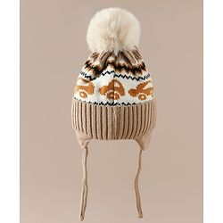 Babyhug Woollen Cap with Pom Pom & Knot with and Vehicle & Geometric Design Blue - Diameter 18.5 cm