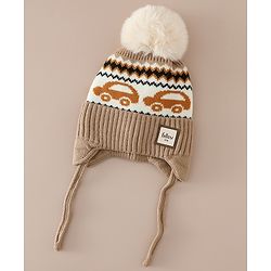 Babyhug Woollen Cap with Pom Pom & Knot with and Vehicle & Geometric Design Blue - Diameter 18.5 cm