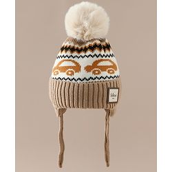 Babyhug Woollen Cap with Pom Pom & Knot with and Vehicle & Geometric Design Blue - Diameter 18.5 cm