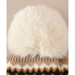 Babyhug Woollen Cap with Pom Pom & Knot with and Vehicle & Geometric Design Blue - Diameter 18.5 cm