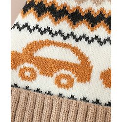 Babyhug Woollen Cap with Pom Pom & Knot with and Vehicle & Geometric Design Blue - Diameter 18.5 cm