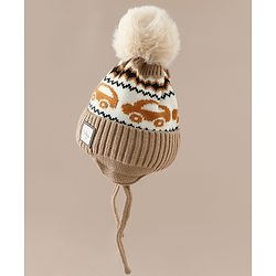 Babyhug Woollen Cap with Pom Pom & Knot with and Vehicle & Geometric Design Blue - Diameter 18.5 cm