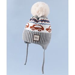 Babyhug Woollen Cap with Pom Pom & Knot with and Vehicle & Geometric Design Blue - Diameter 18.5 cm