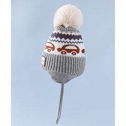 Babyhug Woollen Cap with Pom Pom & Knot with and Vehicle & Geometric Design Blue - Diameter 18.5 cm