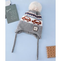 Babyhug Woollen Cap with Pom Pom & Knot with and Vehicle & Geometric Design Blue - Diameter 18.5 cm