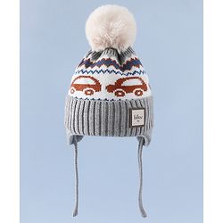 Babyhug Woollen Cap with Pom Pom & Knot with and Vehicle & Geometric Design Blue - Diameter 18.5 cm