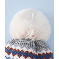 Babyhug Woollen Cap with Pom Pom & Knot with and Vehicle & Geometric Design Blue - Diameter 18.5 cm