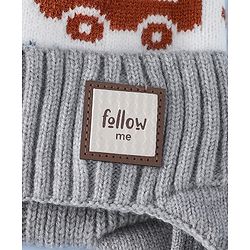 Babyhug Woollen Cap with Pom Pom & Knot with and Vehicle & Geometric Design Blue - Diameter 18.5 cm