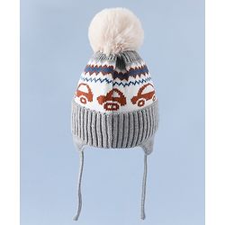 Babyhug Woollen Cap with Pom Pom & Knot with and Vehicle & Geometric Design Blue - Diameter 18.5 cm