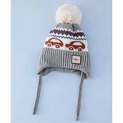 Babyhug Woollen Cap with Pom Pom & Knot with and Vehicle & Geometric Design Blue - Diameter 18.5 cm
