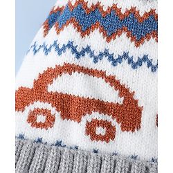 Babyhug Woollen Cap with Pom Pom & Knot with and Vehicle & Geometric Design Blue - Diameter 18.5 cm