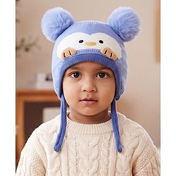 Babyhug Viscose Woollen Cap with Knot, Ear & Pom Pom and Penguin Print & Applique Blue - Diameter 22 cm