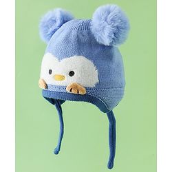 Babyhug Viscose Woollen Cap with Knot, Ear & Pom Pom and Penguin Print & Applique Blue - Diameter 22 cm