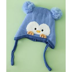 Babyhug Viscose Woollen Cap with Knot, Ear & Pom Pom and Penguin Print & Applique Blue - Diameter 22 cm