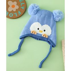 Babyhug Viscose Woollen Cap with Knot, Ear & Pom Pom and Penguin Print & Applique Blue - Diameter 22 cm