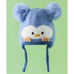 Babyhug Viscose Woollen Cap with Knot, Ear & Pom Pom and Penguin Print & Applique Blue - Diameter 22 cm