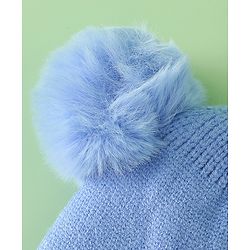 Babyhug Viscose Woollen Cap with Knot, Ear & Pom Pom and Penguin Print & Applique Blue - Diameter 22 cm