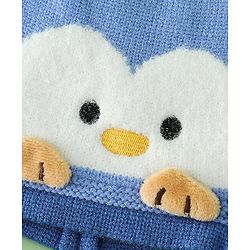 Babyhug Viscose Woollen Cap with Knot, Ear & Pom Pom and Penguin Print & Applique Blue - Diameter 22 cm