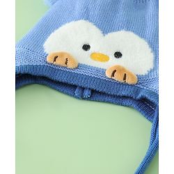 Babyhug Viscose Woollen Cap with Knot, Ear & Pom Pom and Penguin Print & Applique Blue - Diameter 22 cm