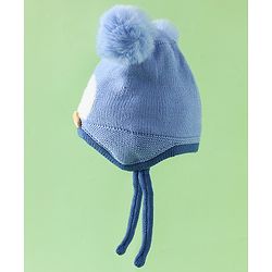 Babyhug Viscose Woollen Cap with Knot, Ear & Pom Pom and Penguin Print & Applique Blue - Diameter 22 cm