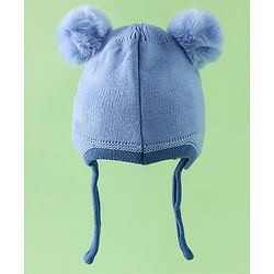 Babyhug Viscose Woollen Cap with Knot, Ear & Pom Pom and Penguin Print & Applique Blue - Diameter 22 cm