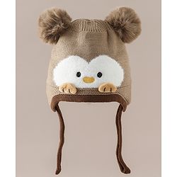 Babyhug Viscose Woollen Cap with Knot, Ear & Pom Pom and Penguin Print & Applique Blue - Diameter 22 cm