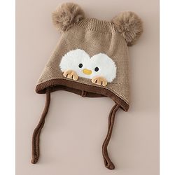 Babyhug Viscose Woollen Cap with Knot, Ear & Pom Pom and Penguin Print & Applique Blue - Diameter 22 cm
