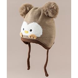 Babyhug Viscose Woollen Cap with Knot, Ear & Pom Pom and Penguin Print & Applique Blue - Diameter 22 cm