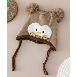 Babyhug Viscose Woollen Cap with Knot, Ear & Pom Pom and Penguin Print & Applique Blue - Diameter 22 cm