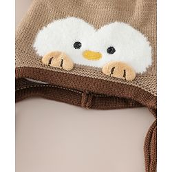 Babyhug Viscose Woollen Cap with Knot, Ear & Pom Pom and Penguin Print & Applique Blue - Diameter 22 cm