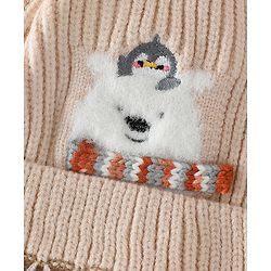 Babyhug Viscose Woollen Cap with Pom Pom and Penguin Polar Bear Print Khaki - Diameter 16.5 cm