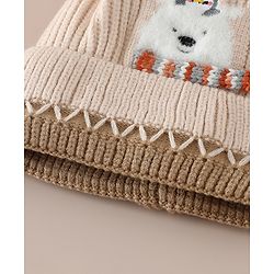 Babyhug Viscose Woollen Cap with Pom Pom and Penguin Polar Bear Print Khaki - Diameter 16.5 cm