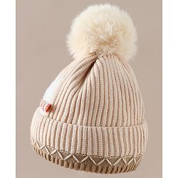 Babyhug Viscose Woollen Cap with Pom Pom and Penguin Polar Bear Print Khaki - Diameter 16.5 cm