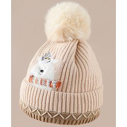 Babyhug Viscose Woollen Cap with Pom Pom and Penguin Polar Bear Print Khaki - Diameter 16.5 cm