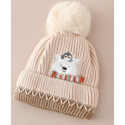 Babyhug Viscose Woollen Cap with Pom Pom and Penguin Polar Bear Print Khaki - Diameter 16.5 cm