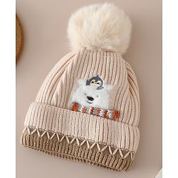 Babyhug Viscose Woollen Cap with Pom Pom and Penguin Polar Bear Print Khaki - Diameter 16.5 cm