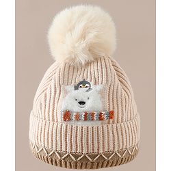 Babyhug Viscose Woollen Cap with Pom Pom and Penguin Polar Bear Print Khaki - Diameter 16.5 cm