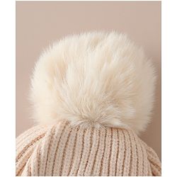 Babyhug Viscose Woollen Cap with Pom Pom and Penguin Polar Bear Print Khaki - Diameter 16.5 cm