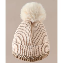 Babyhug Viscose Woollen Cap with Pom Pom and Penguin Polar Bear Print Khaki - Diameter 16.5 cm