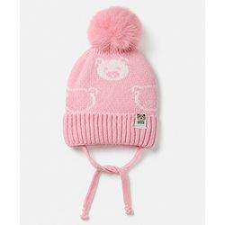Babyhug Woollen Cap WIth Bear Design in Pink - Diameter 15 cm