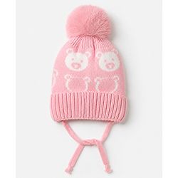 Babyhug Woollen Cap WIth Bear Design in Pink - Diameter 15 cm